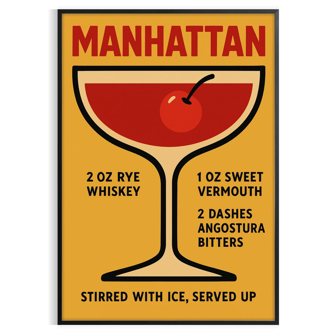 Poster showing minimalist Manhattan cocktail illustration in red and black colors