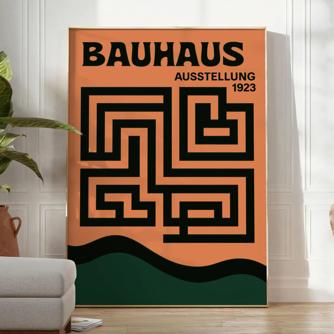Bauhaus labyrinth poster with geometric maze design in green and gray