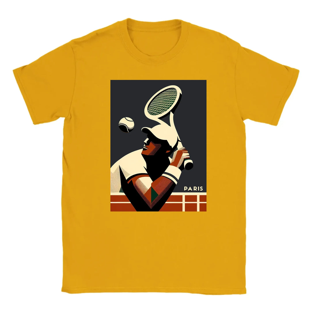 T-shirt featuring a graphic design of tennis elements and Paris landmarks