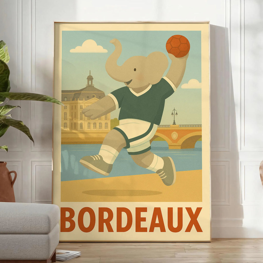 Playful kids handball elephant illustration poster in bordeaux, gray and green