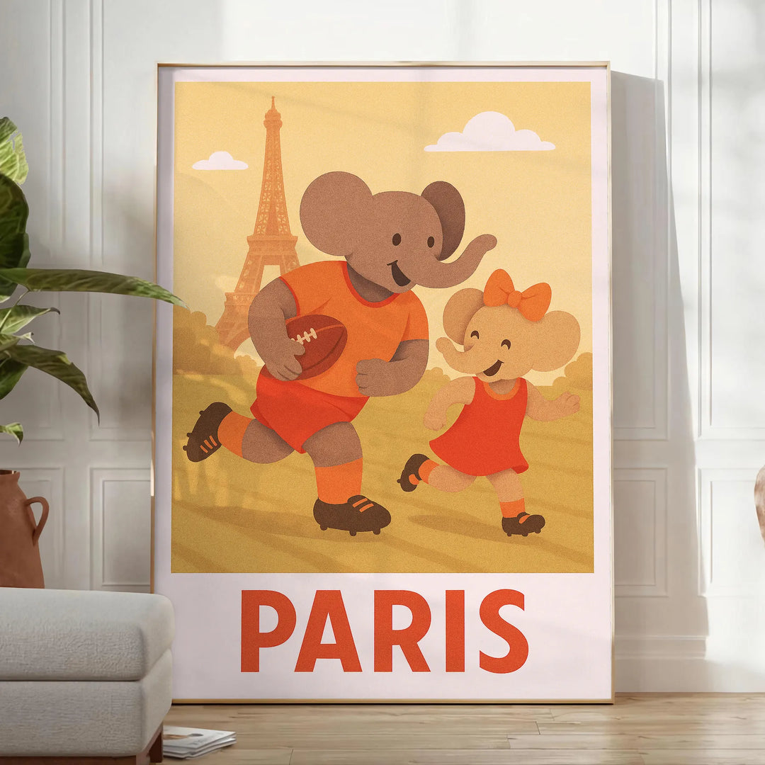 A playful elephant child playing rugby in an Art Deco style with soft vintage colors