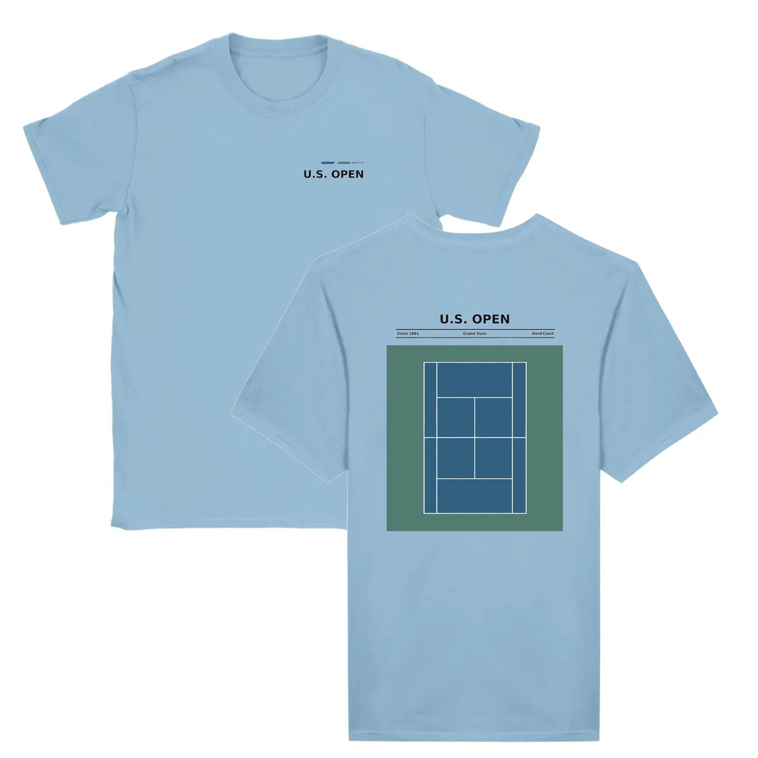 T-shirt featuring a graphic of a tennis player serving at the US Open
