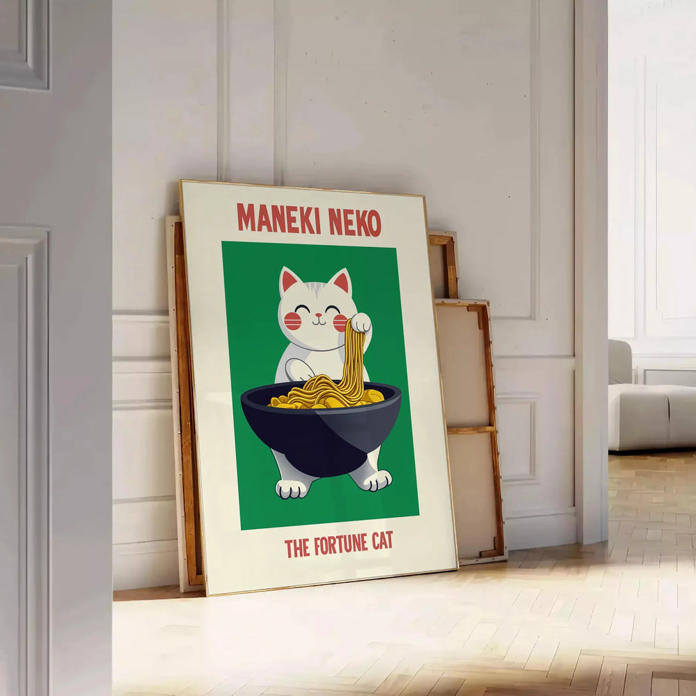 Blue and white Maneki Neko kitchen poster, modern Japanese illustration