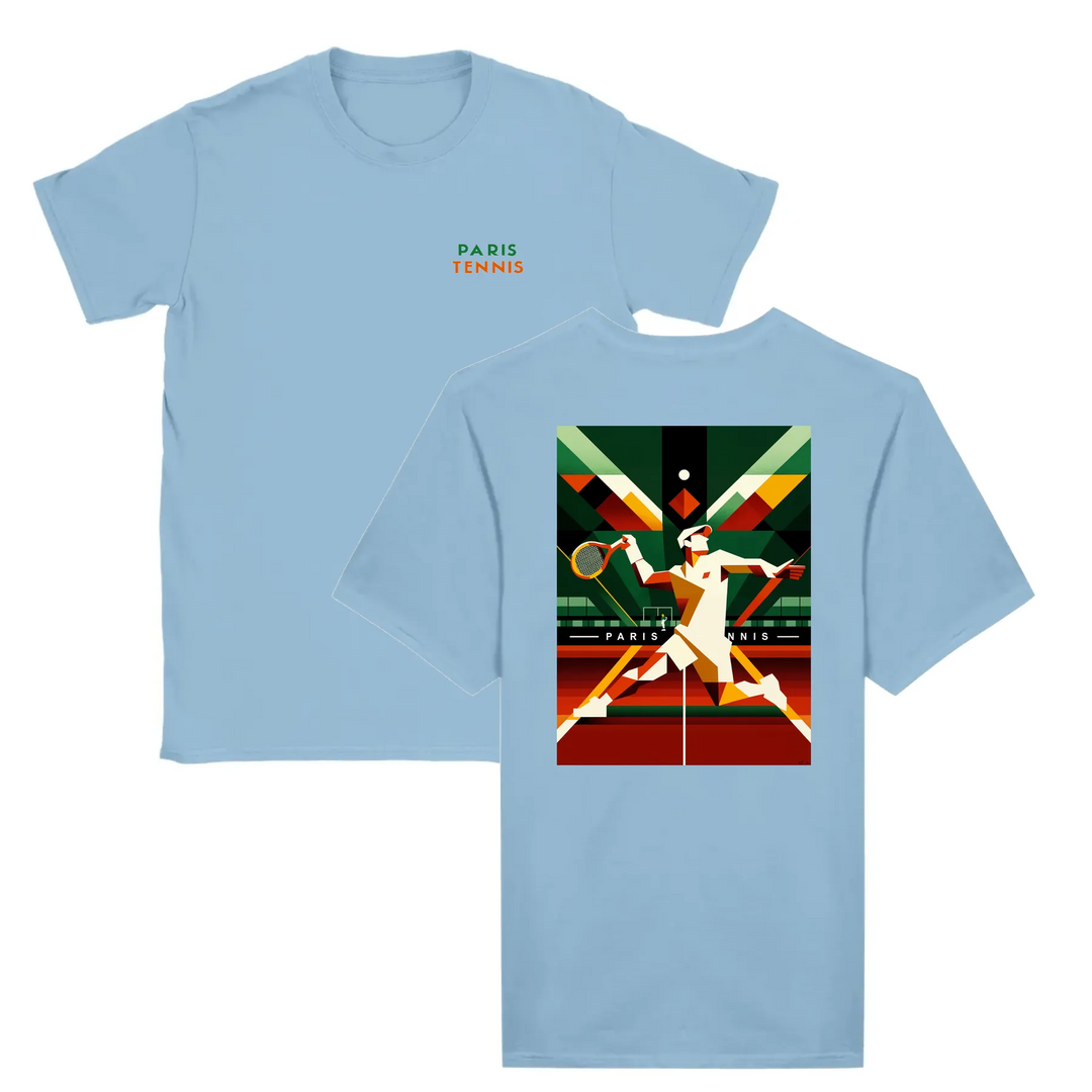 T-shirt featuring a graphic of tennis rackets and a ball with Paris skyline