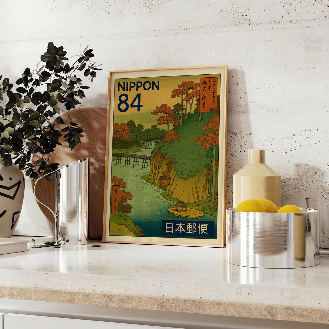 Japanese stamp-style illustration of a serene autumn river scene