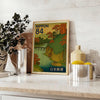 Japanese stamp-style illustration of a serene autumn river scene