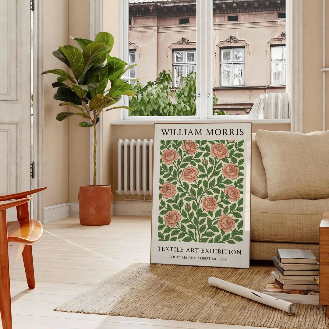 Poster showing William Morris botanical pattern in gray and orange