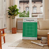 Retro-style graphic of a tennis court in green and white for Wimbledon