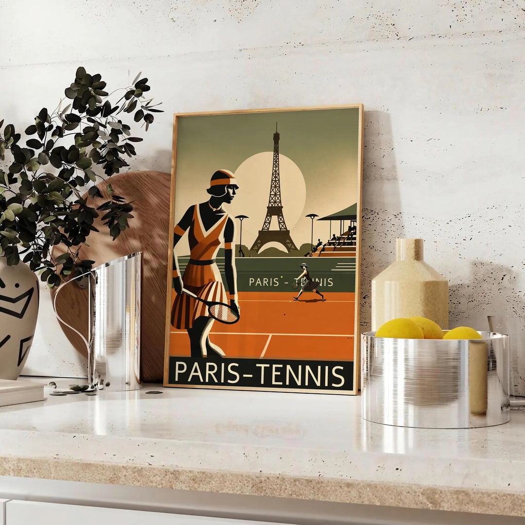 Black and gray minimalist Paris tennis poster with modern graphic design