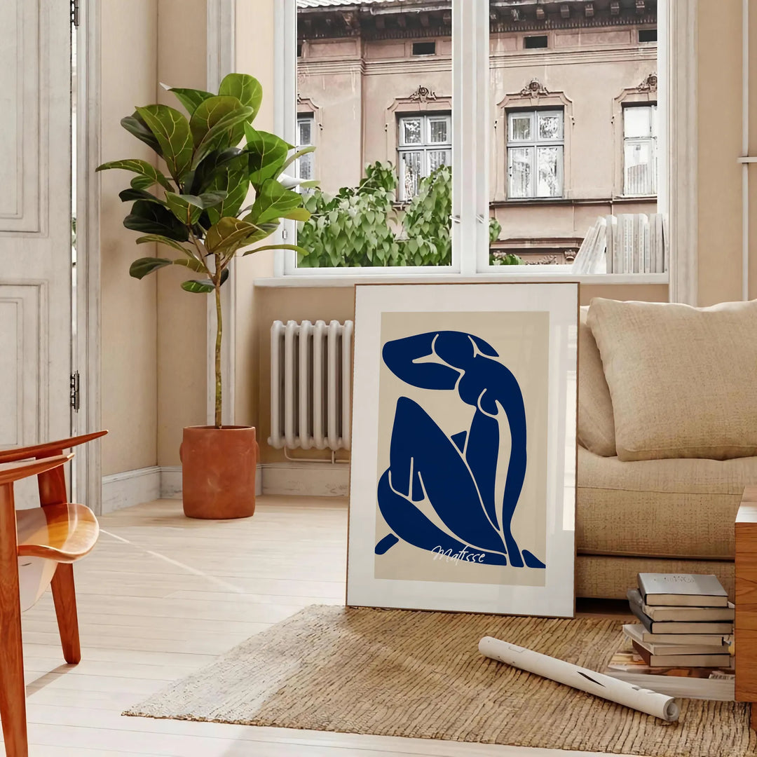 Matisse's Blue Nude II featuring abstract figure in blue and white tones