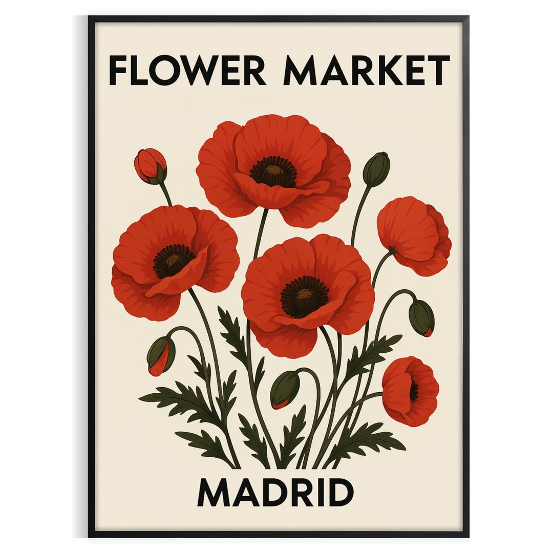 Botanical illustration of a flower market in Madrid with red and black tones