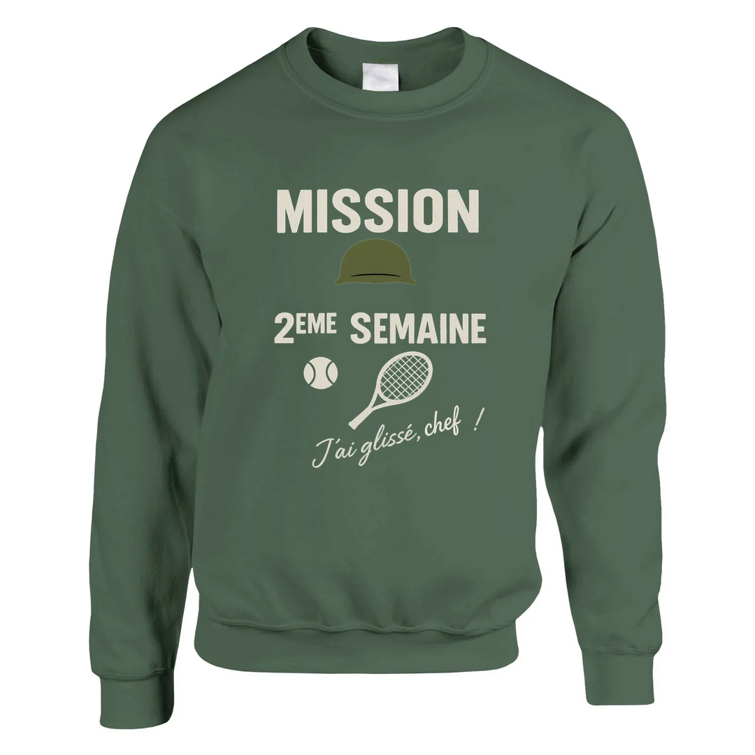 Crewneck sweater featuring 'Mission 2ème Semaine Tennis' text in bold font