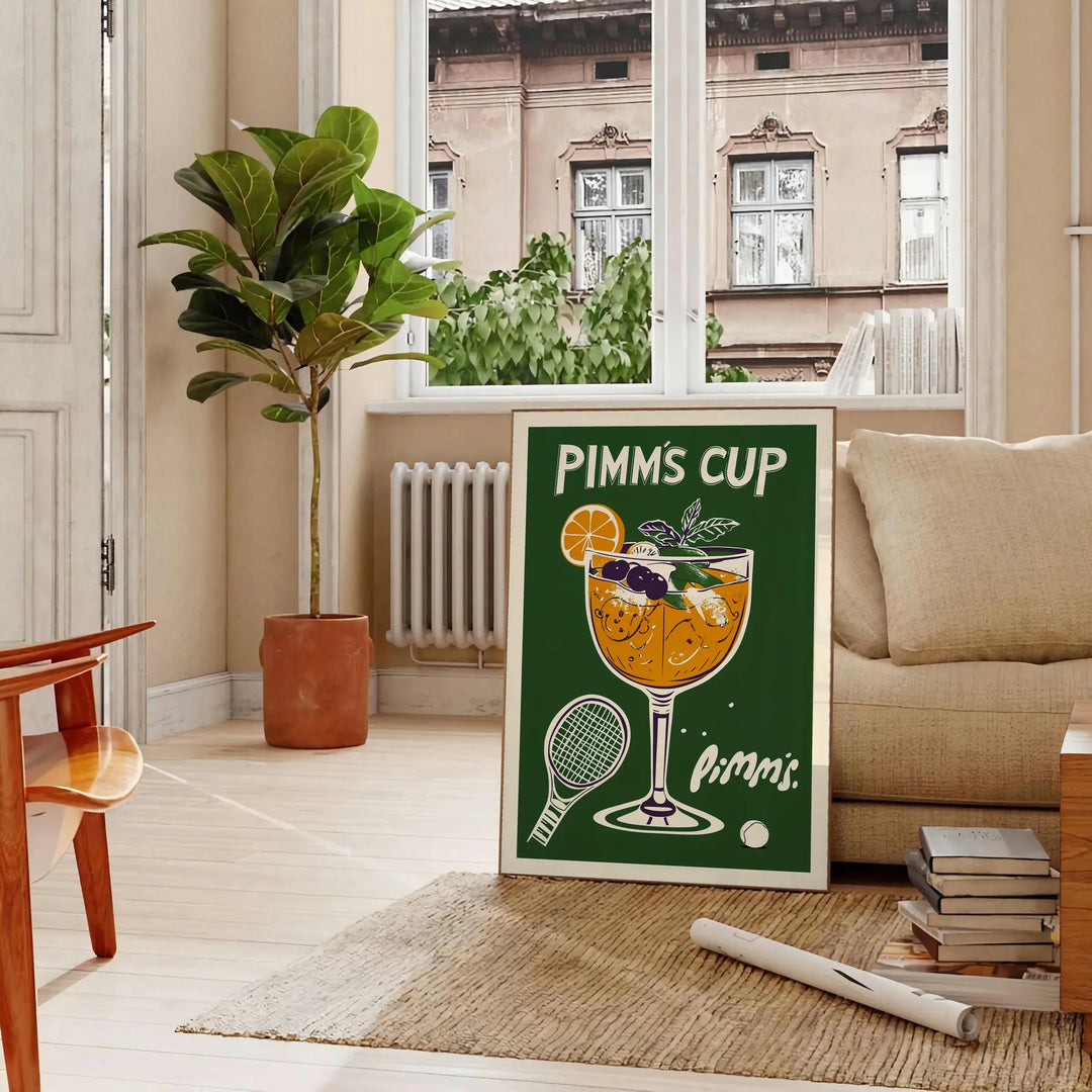 Illustration of a Pimm's Cup cocktail with Wimbledon elements, featuring orange and green hues