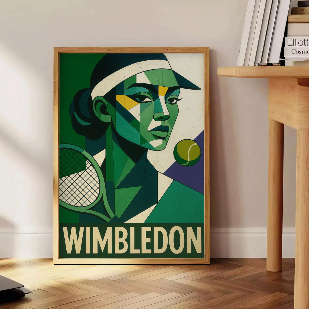 グレー と 緑 の キュビスム 風 Wimbledon ポスター 抽象 的 ラケット シルエット