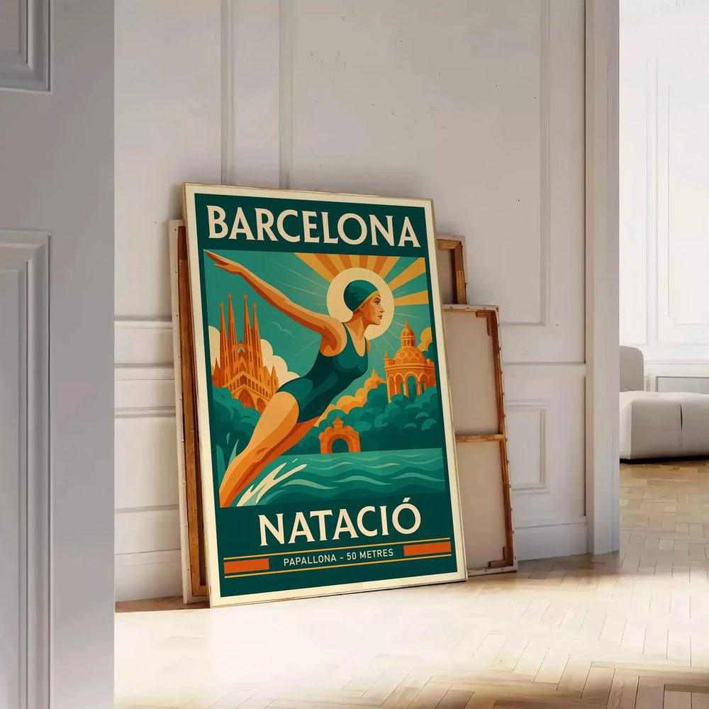 Swimmer diving in front of the Barcelona skyline, featuring yellow and green tones