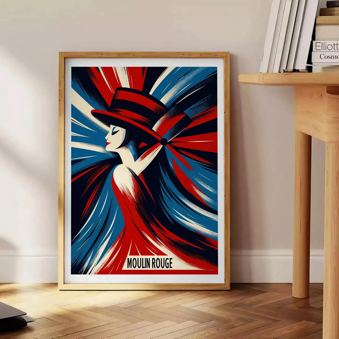 Vintage poster featuring a dancing woman in red and blue at Moulin Rouge, Paris
