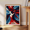 Vintage poster featuring a dancing woman in red and blue at Moulin Rouge, Paris