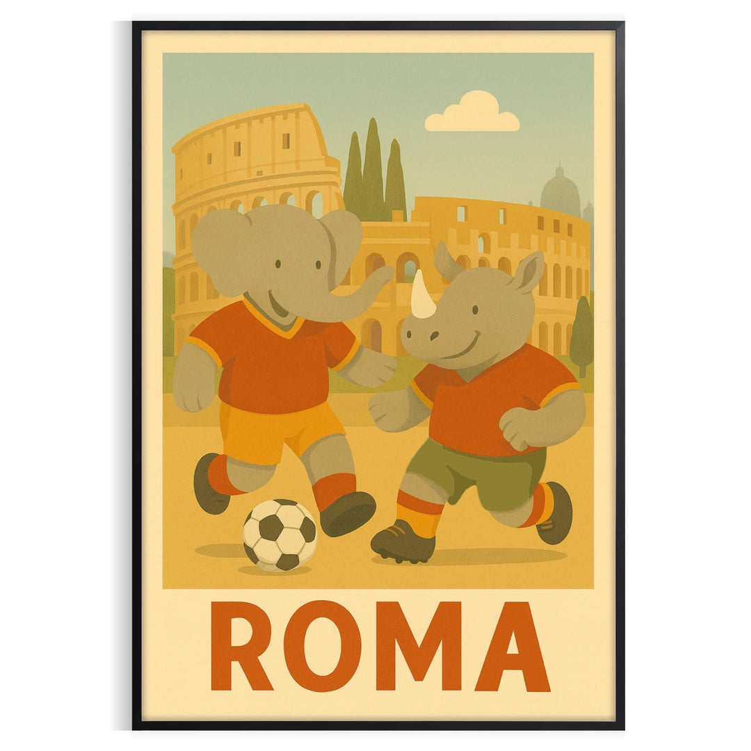 Illustration of an elephant and rhinoceros playing football in bright colors