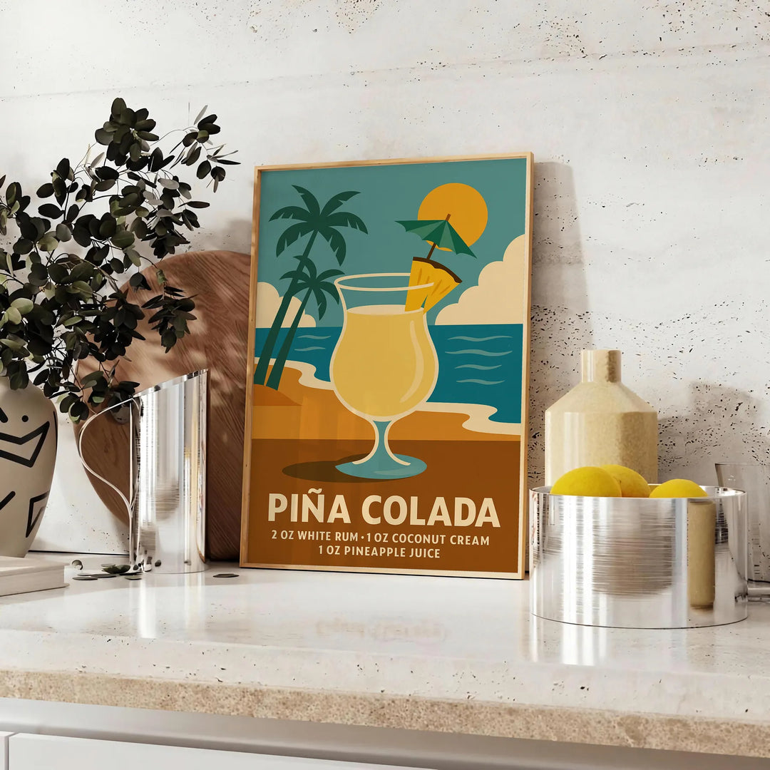 Pina Colada cocktail poster with gray and orange minimalist tropical illustration