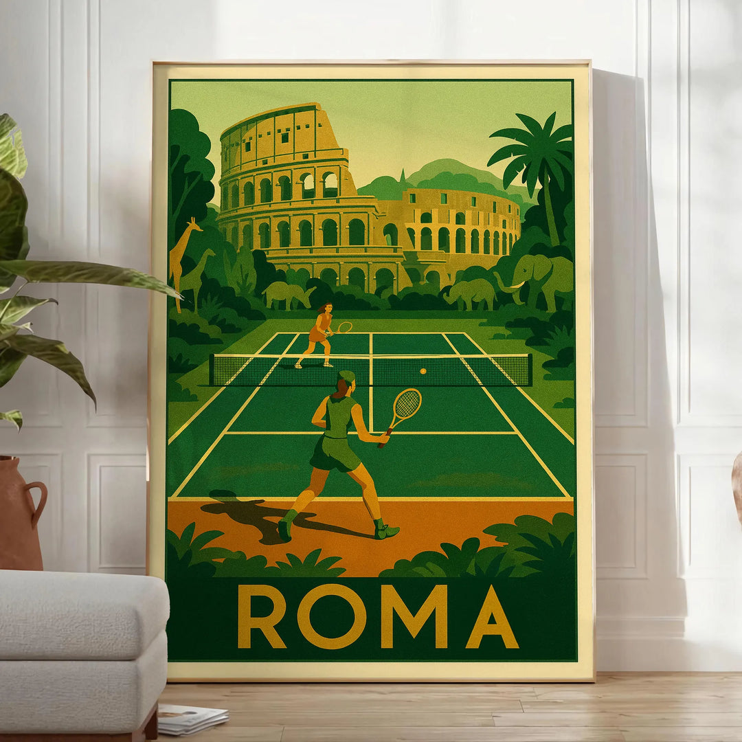 Yellow and gray Rome jungle tennis poster with vintage graphic style