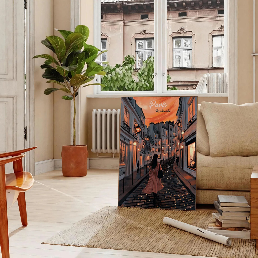 Montmartre Paris illustrated art poster in green and orange, vintage style