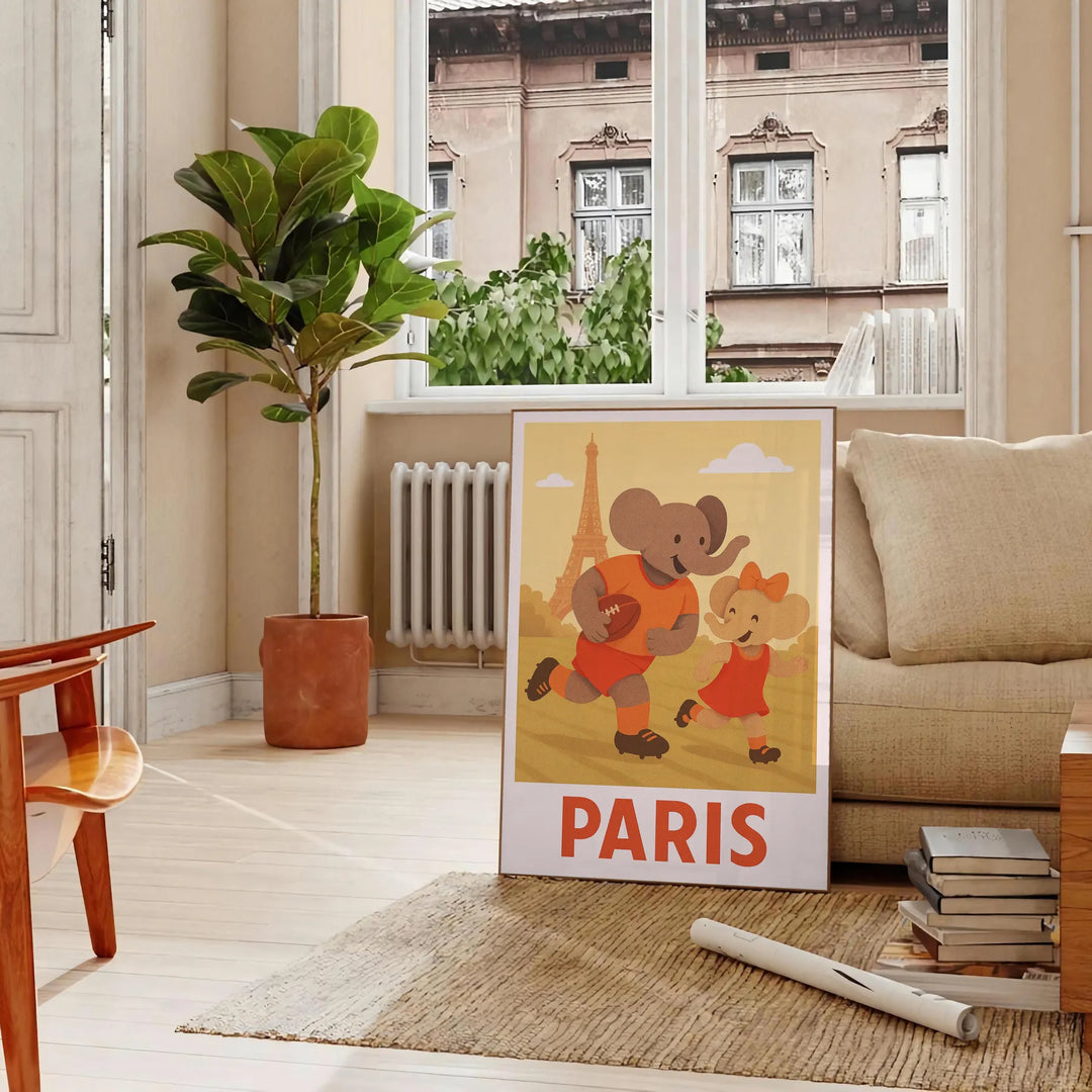 A playful elephant child playing rugby in an Art Deco style with soft vintage colors