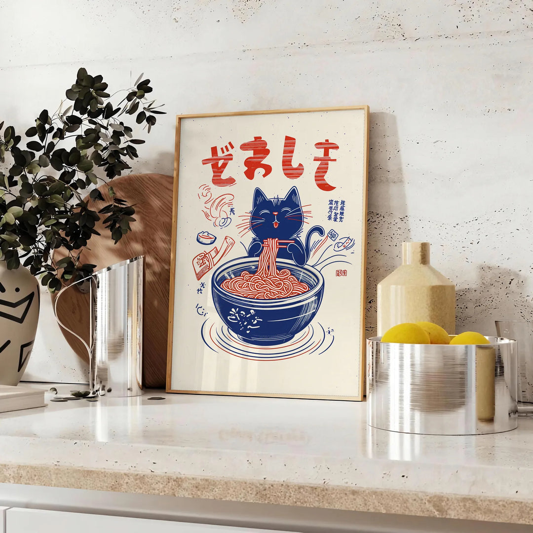 Blue and red Maneki Neko kitchen illustration poster, playful Japanese charm
