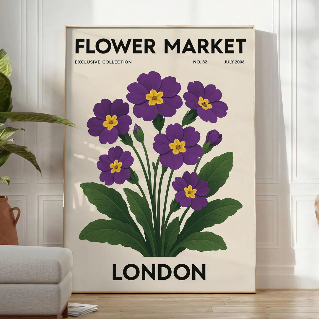 Poster showing London flower market botanical illustration in green and gray
