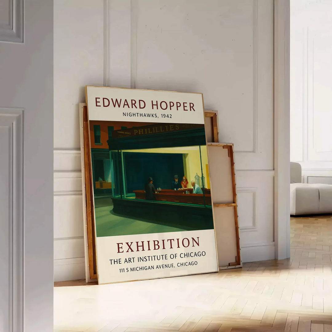 Edward Hopper exhibition poster featuring a realist urban scene with muted gray and orange tones