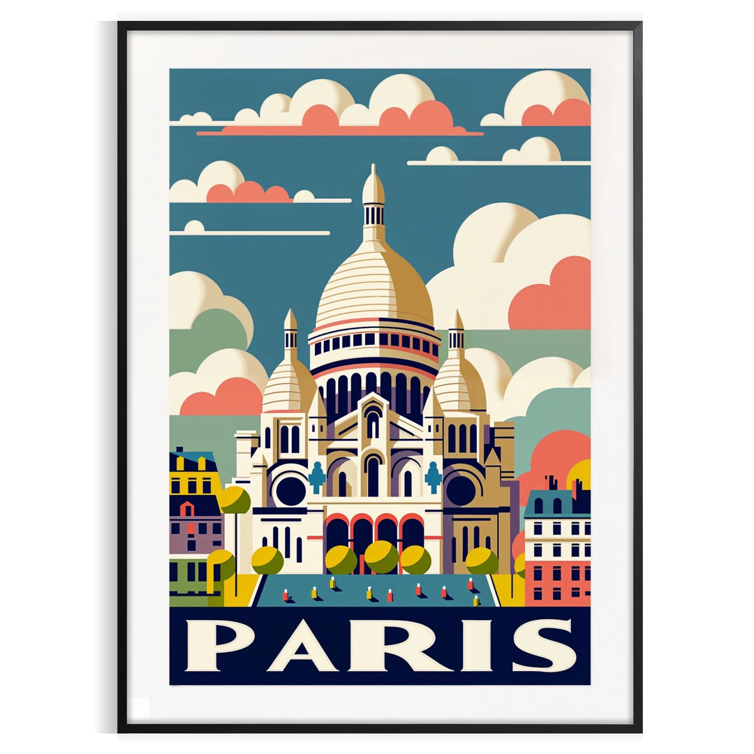 Vintage illustration of Sacré-Cœur in Paris, featuring orange and white tones