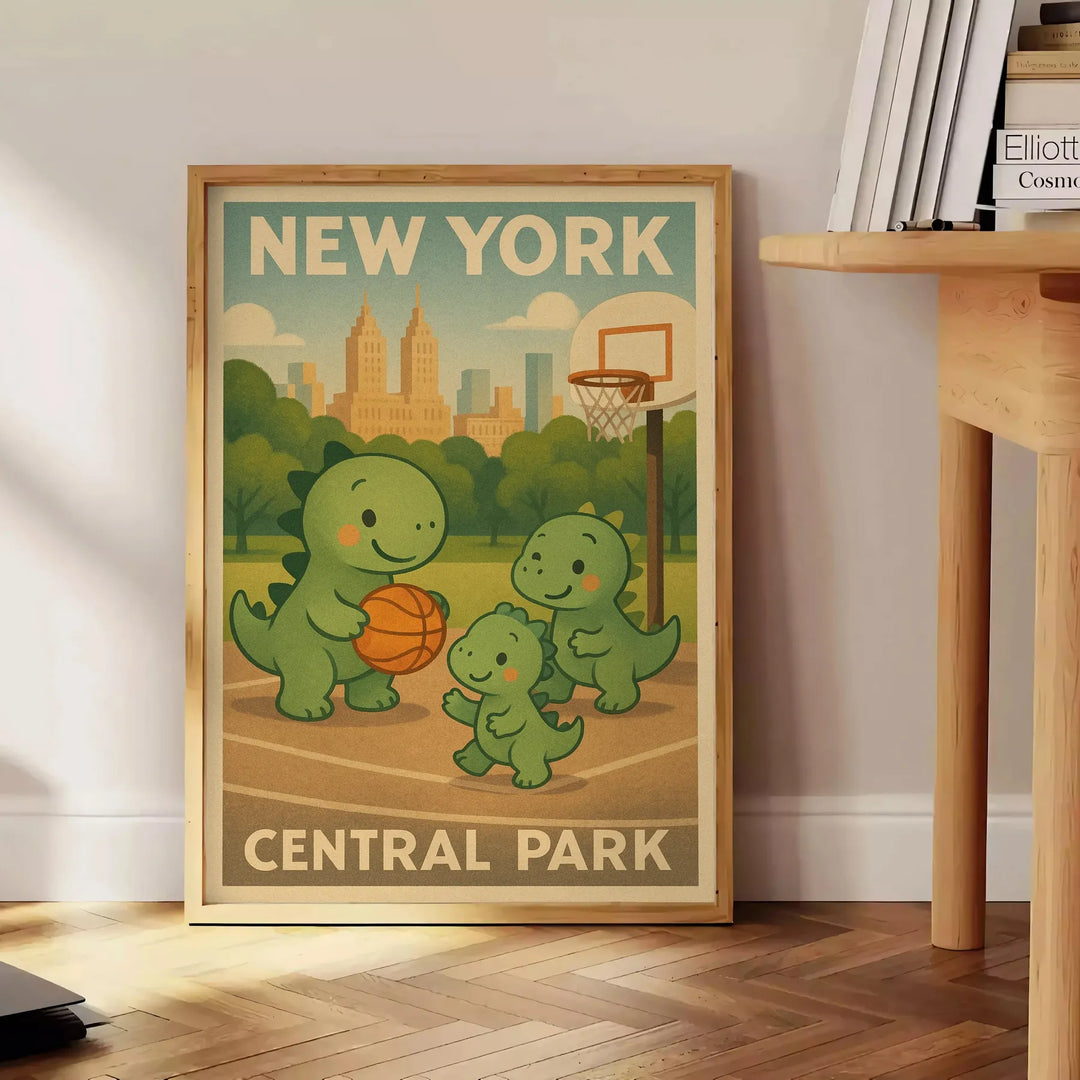 Playful dinosaurs engaging in basketball in Central Park, New York