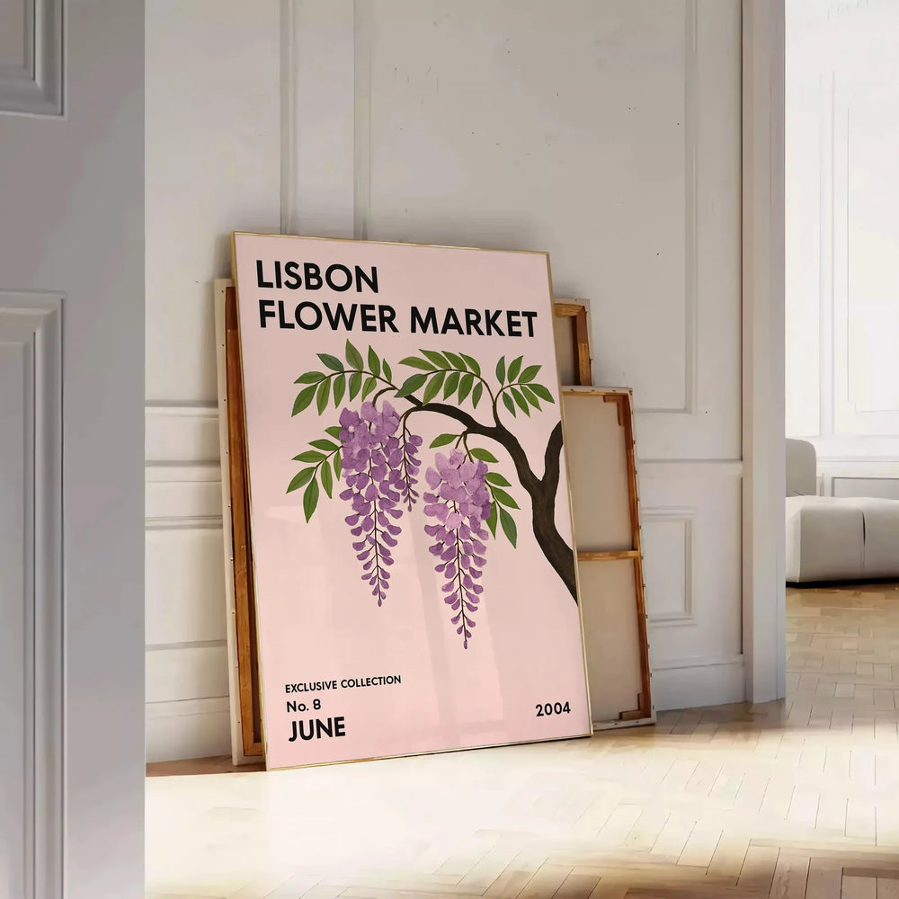 Botanical illustration of flowers at Lisbon Flower Market in soft green and gray tones