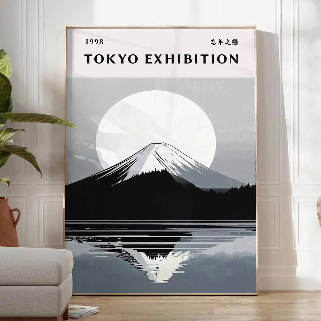Mount Fuji poster in serene minimalist gray and blue landscape artwork