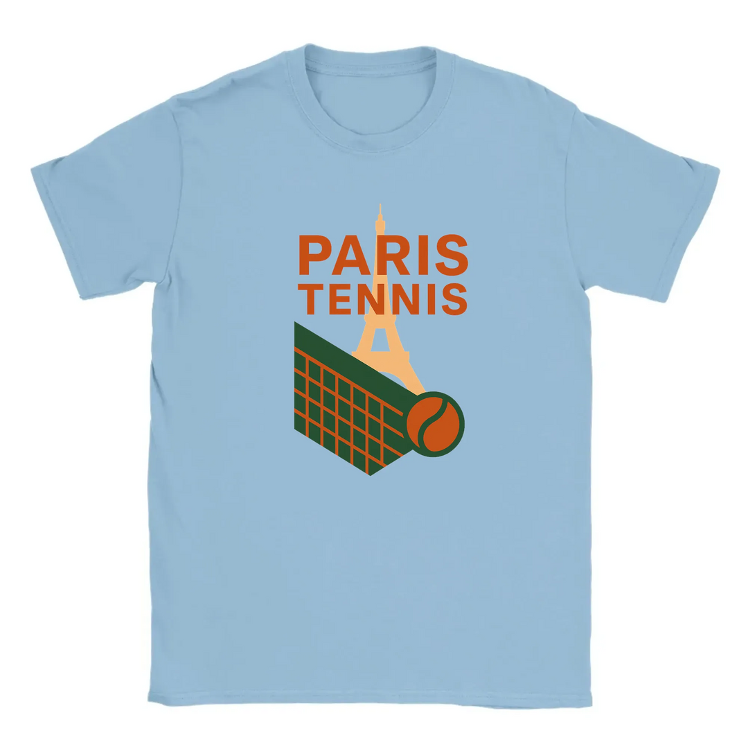T-shirt featuring a graphic of the Eiffel Tower and a tennis racquet