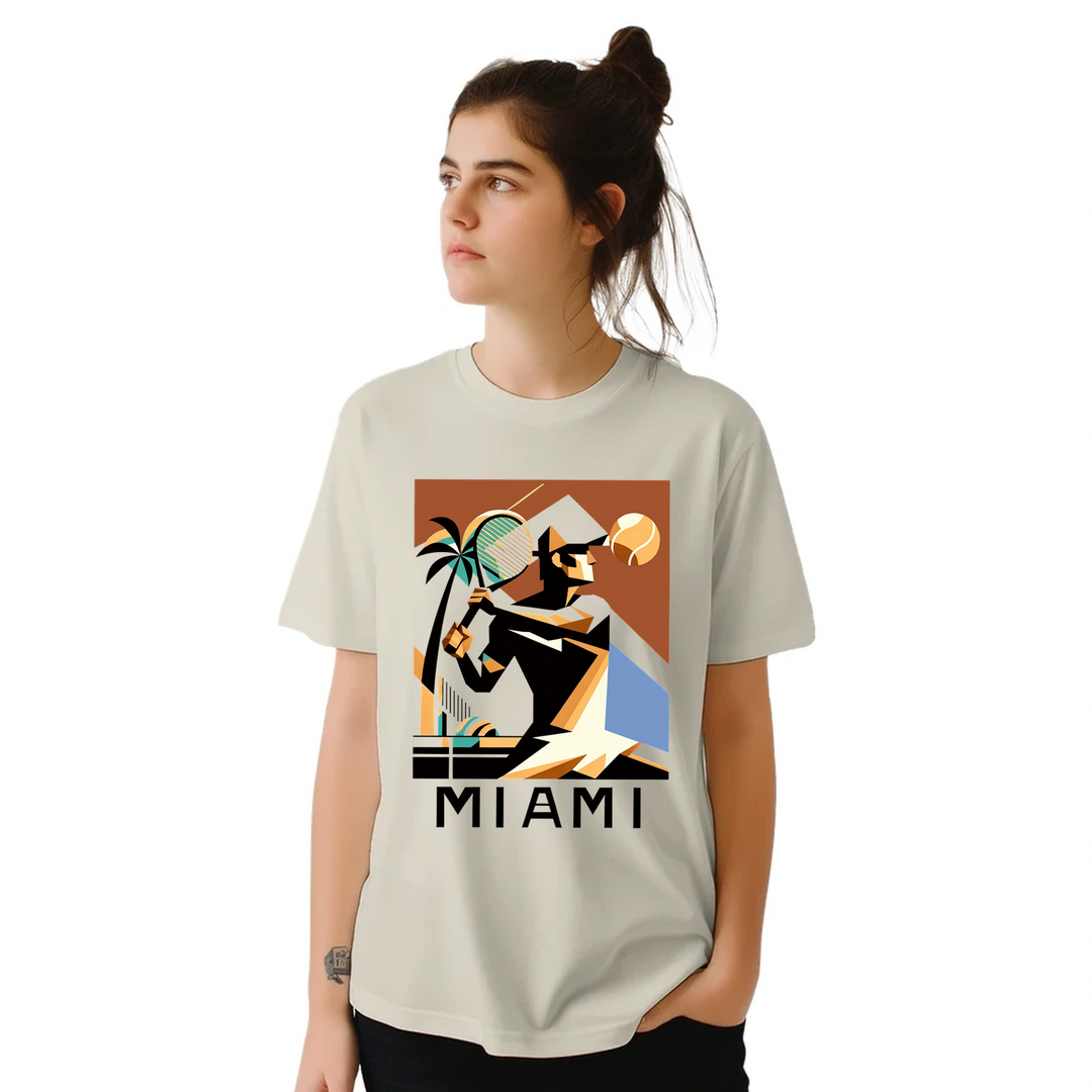 T-shirt featuring a tennis player in action against a Miami skyline