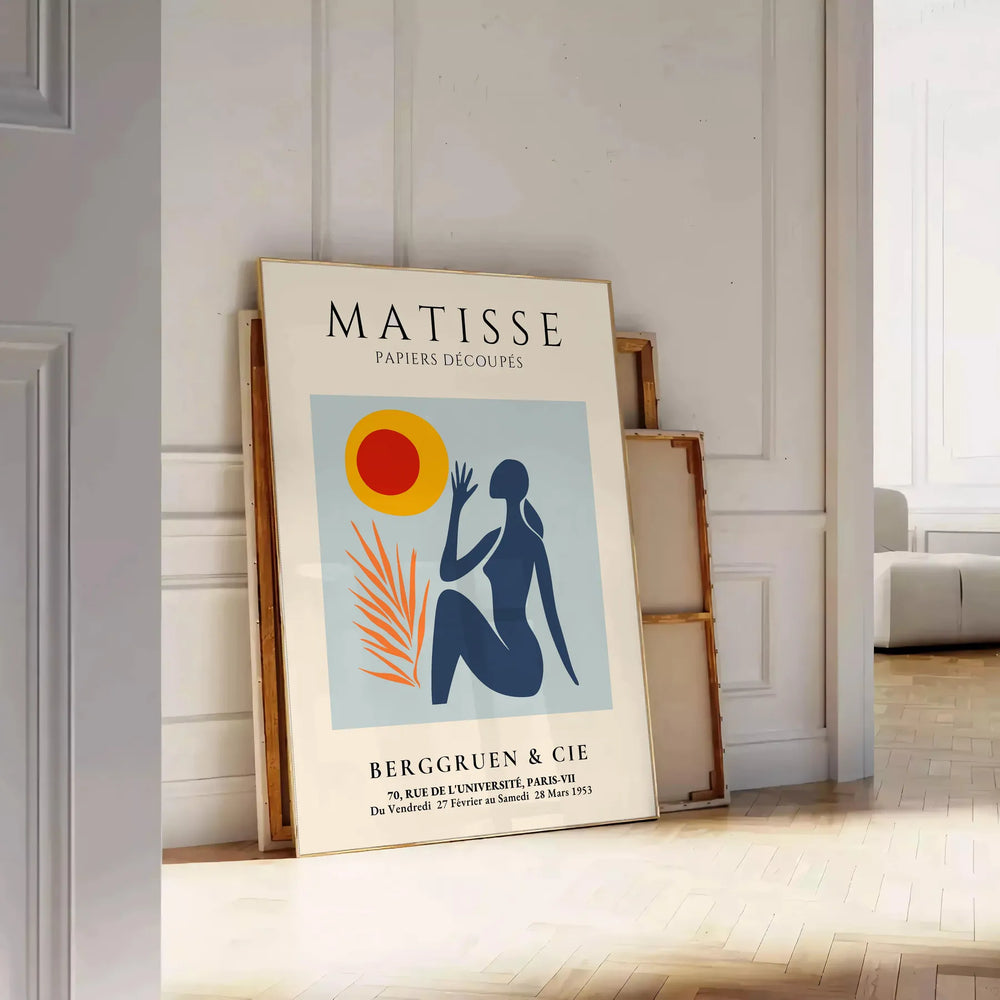 Poster of Matisse woman papiers découpés artwork in white and orange.