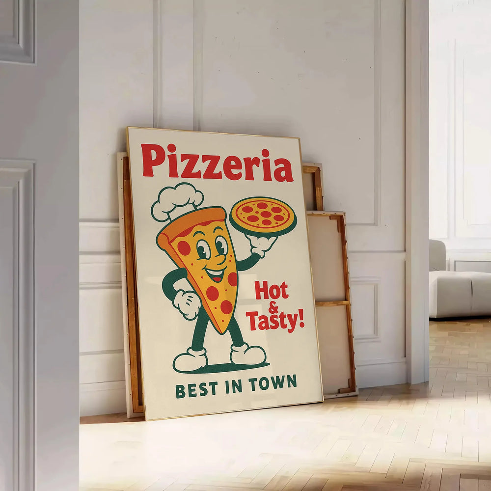 Poster of a pizzeria kitchen illustration, retro style, green and red