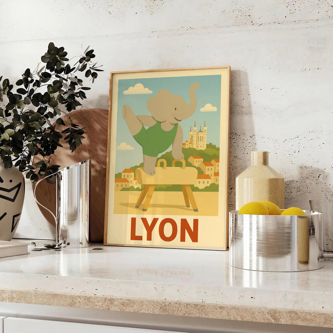 Gray and green kid poster featuring whimsical elephant doing gymnastics