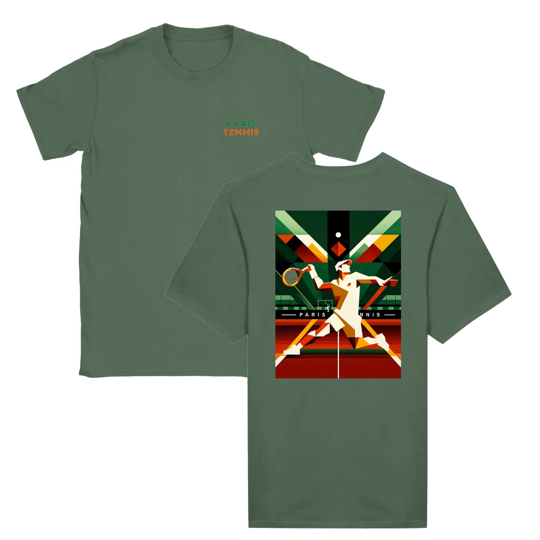 T-shirt featuring a graphic of tennis rackets and a ball with Paris skyline