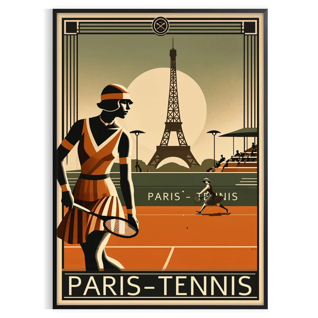 Black and brown Paris tennis art poster with elegant minimalist illustration