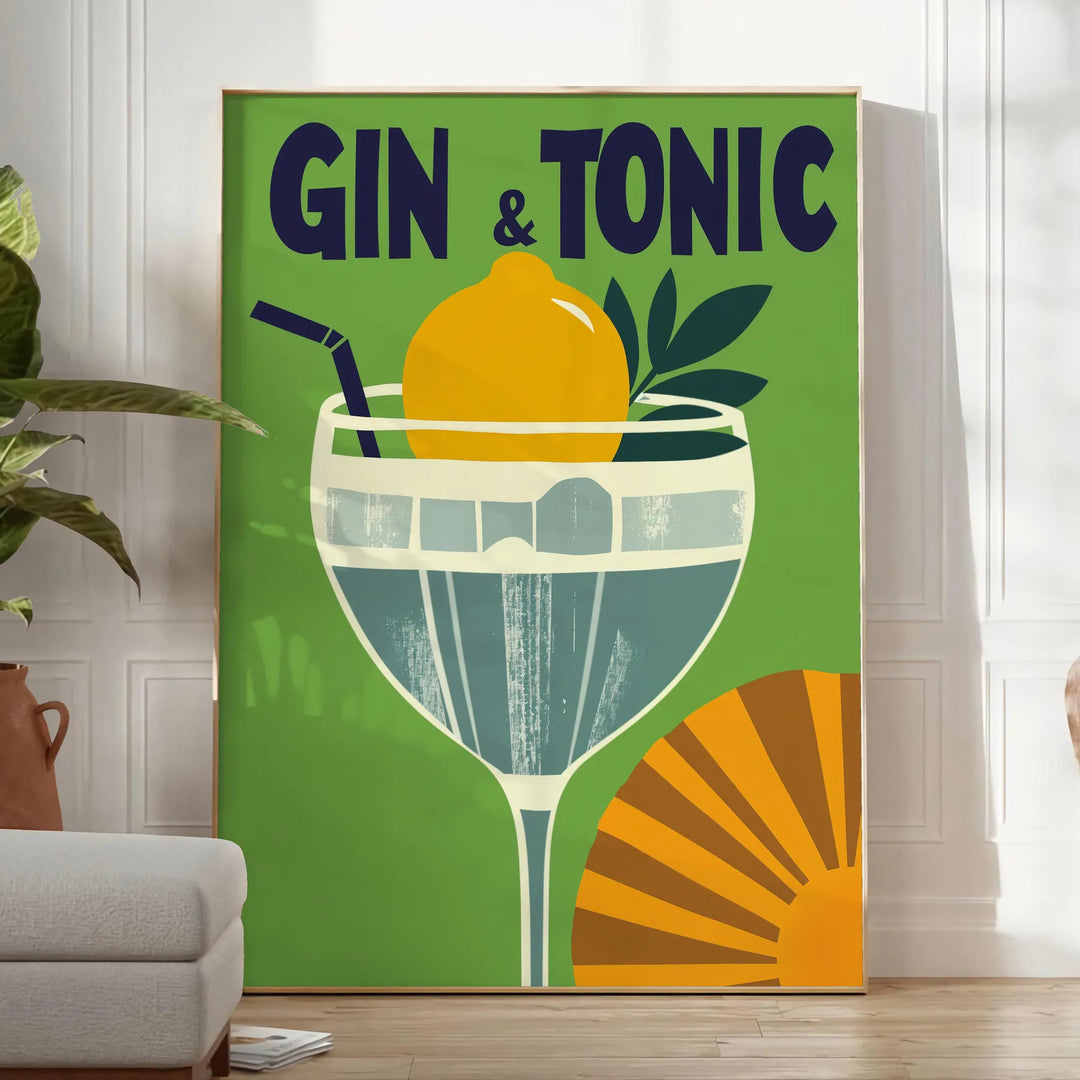 Black and gray gin and tonic poster, minimalist elegant cocktail artwork