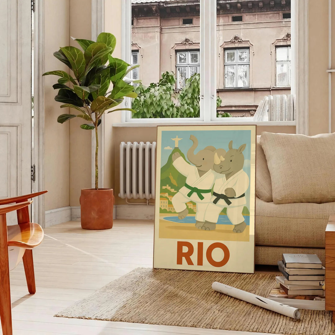 Playful elephant and rhino judo scene in Rio de Janeiro, featuring gray and green tones
