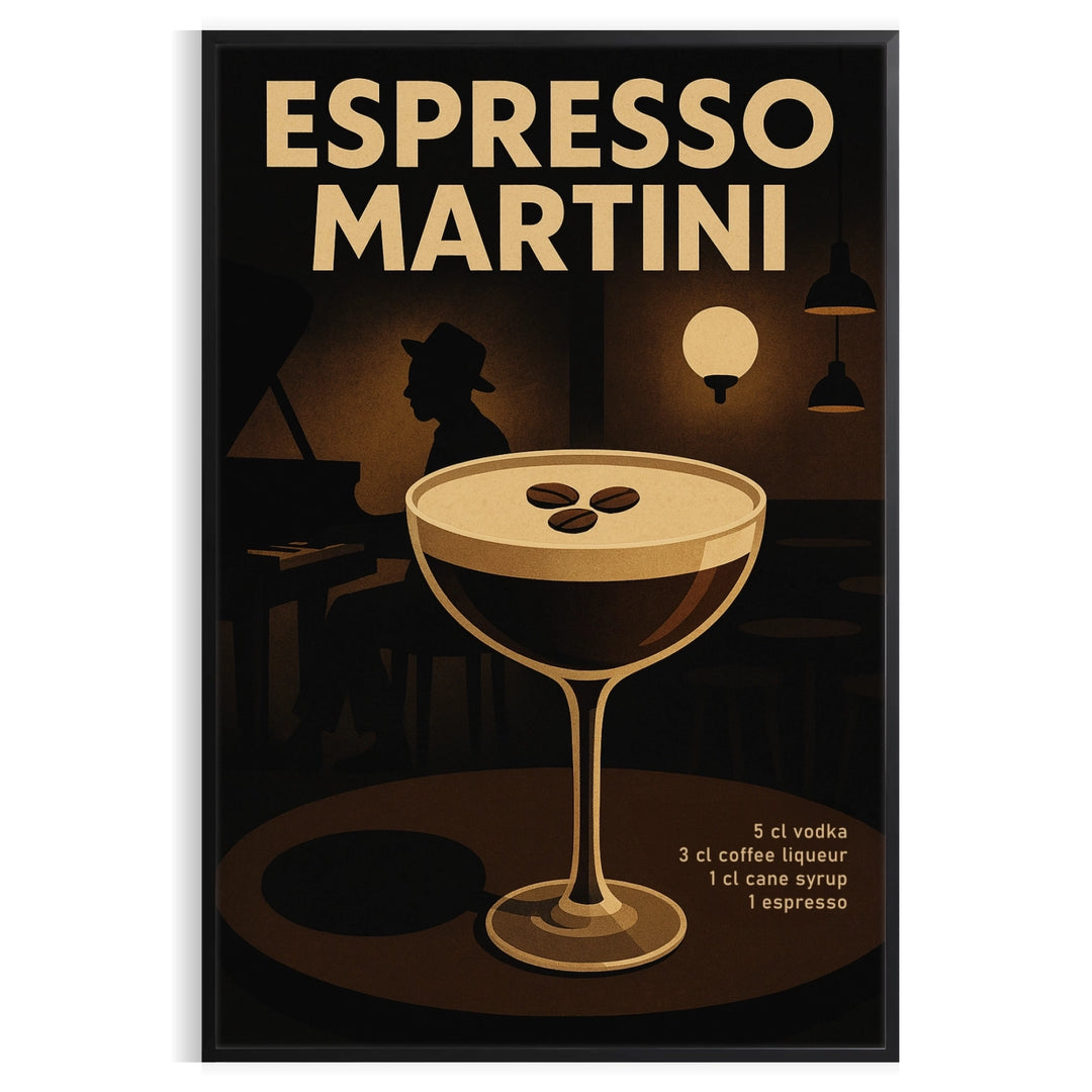 Black and gray stylized espresso martini cocktail poster with minimalist design