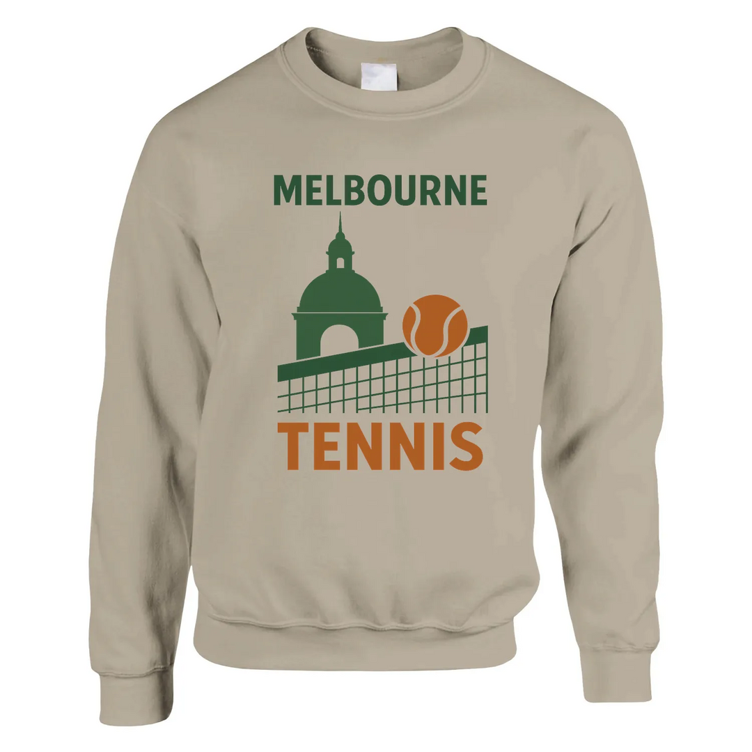 Unisex sweater featuring a retro tennis court graphic inspired by Melbourne