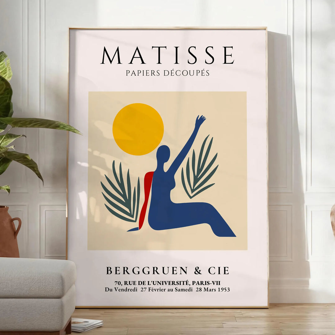 Poster showing Matisse paper-cut woman in orange and red tones