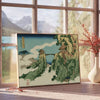 Woodblock-style landscape featuring a bridge shrouded in clouds