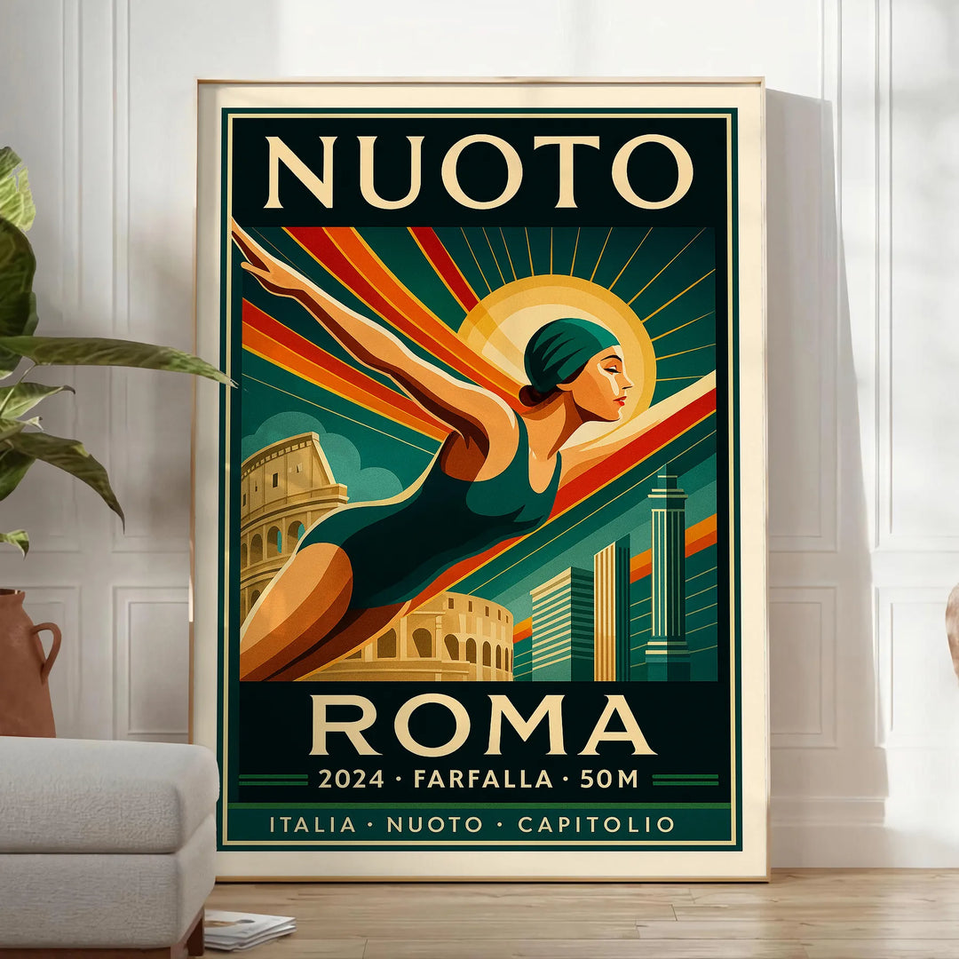 Stylized swimmer in motion with Roman columns in the background
