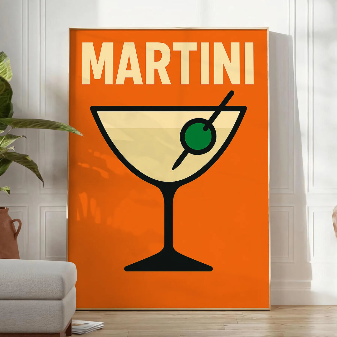 Czarny i pomarańczowy plakat martini, minimalistyczna grafika koktajlu na ścianę