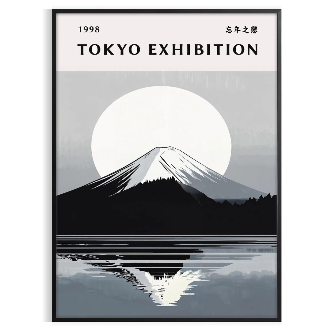 Mount Fuji poster in serene minimalist gray and blue landscape artwork