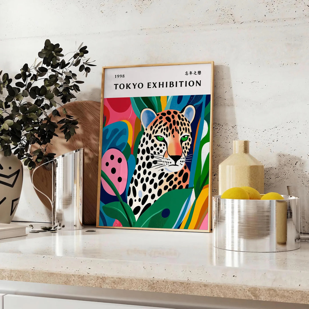 Vintage leopard illustration on an orange and green background in mid-century style